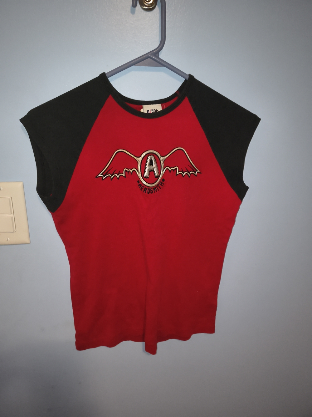 Vtg Y2K 90s Aerosmith Giant Tag Baby Doll Raglan Tee Embroidered Logo Red Black